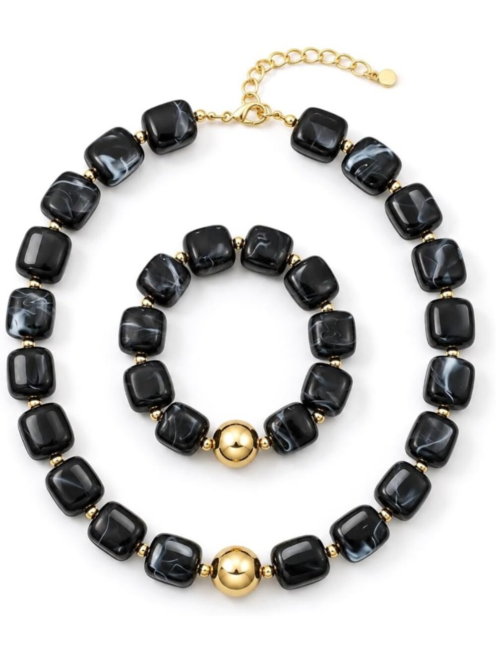 Y2K Boho Chunky Resin Beaded Choker & Bracelet Set - Adjustable Gold Plated